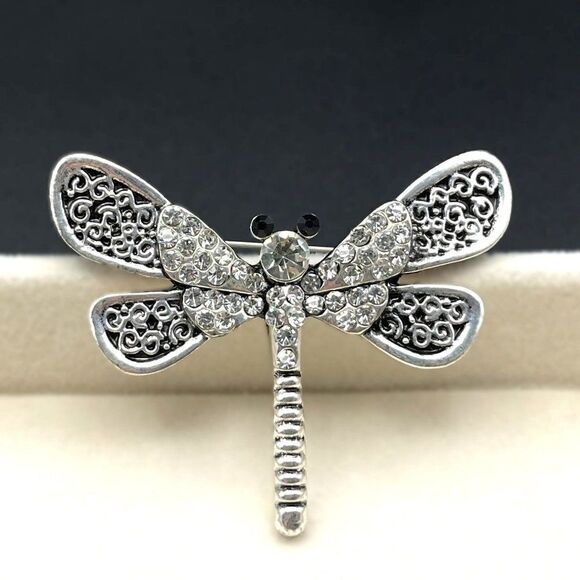 Silver with White Diamond and Onyx Crystal Filigree Dragonfly Pin Back Brooch - Picture 3 of 7